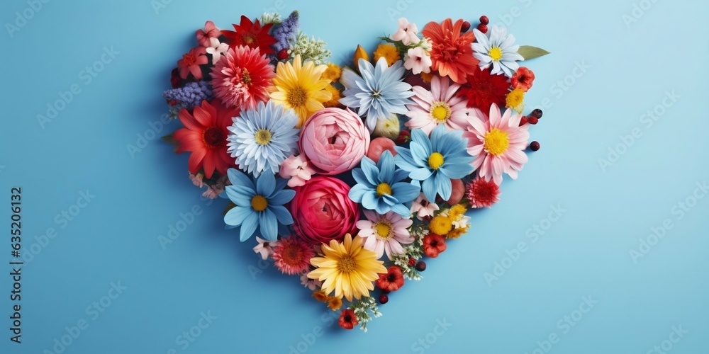 Colorful Flower Heart Arrangement from Top View on Blue Background with Text Space. Generative AI.