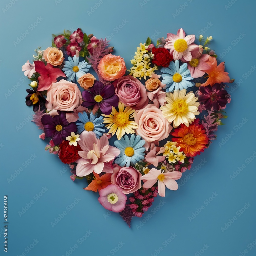 Colorful Flower Heart Arrangement from Top View on Blue Background with Text Space. Generative AI.