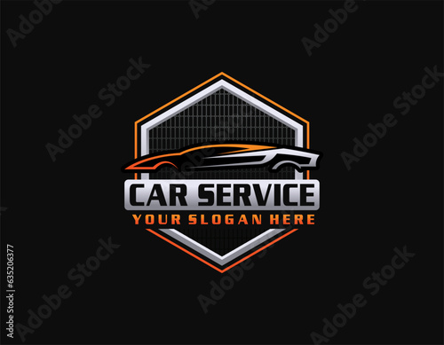 Auto car dealer logo emblem. Sports car silhouette icon. Motor vehicle dealership badge. Automotive showroom garage sign. Vector illustration.