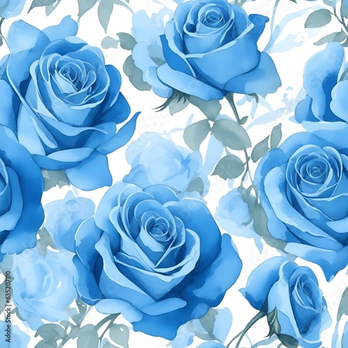Blue Roses pattern. Watercolor floral pattern, tiles. White Background.