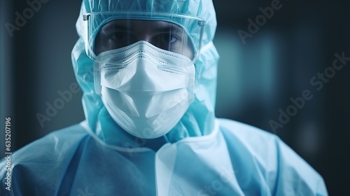 Close-up doctor in a protective suit and mask in a hospital