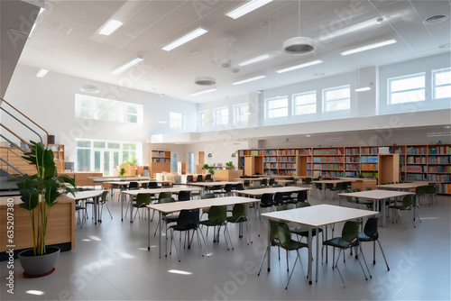 Panorama of empty tables and chairs in a classroom. Empty class.