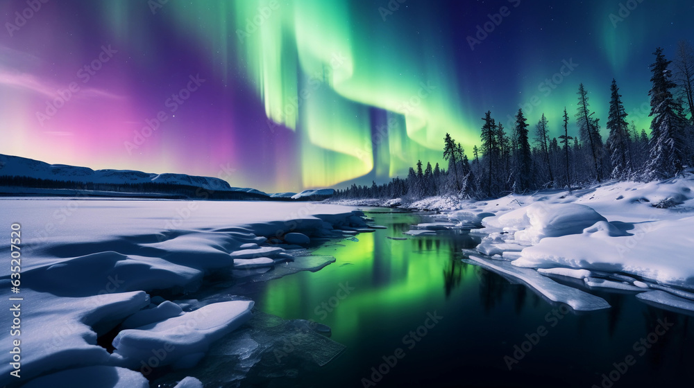 Aurora Borealis lighting up the arctic sky, vibrant green, purple hues, stark contrast with snow - covered landscape
