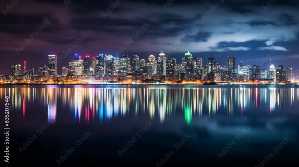 Fototapeta premium Captivating urban nightscape, city skyline illuminated with twinkling lights, reflection on water, long exposure, starry night sky overhead