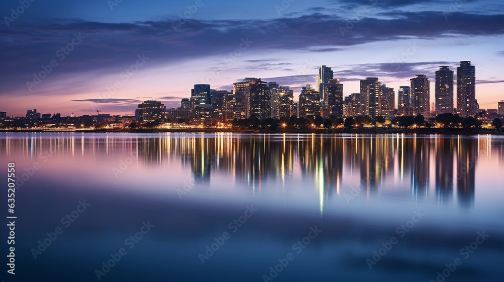 City skyline at dusk, night lights starting to sparkle, buildings reflecting on the calm river, dramatic sky, crisp and clear