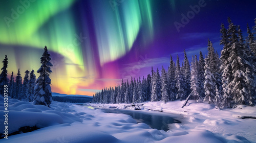 Aurora Borealis lighting up the arctic sky, vibrant green, purple hues, stark contrast with snow - covered landscape © Marco Attano