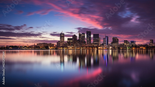 City skyline at dusk, night lights starting to sparkle, buildings reflecting on the calm river, dramatic sky, crisp and clear © Marco Attano