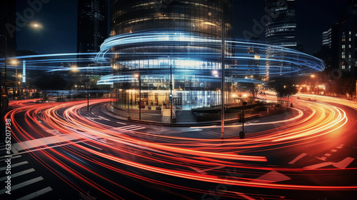 Long exposure of busy intersection, dynamic light trails forming a mesmerizing pattern, urban chaos