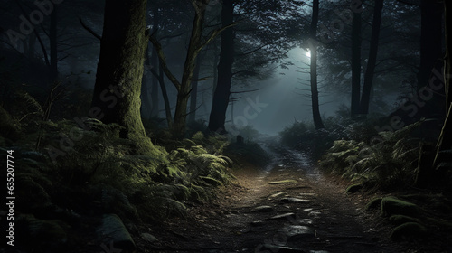 Moonlit path through a dense forest, ethereal and mystical, cool tones