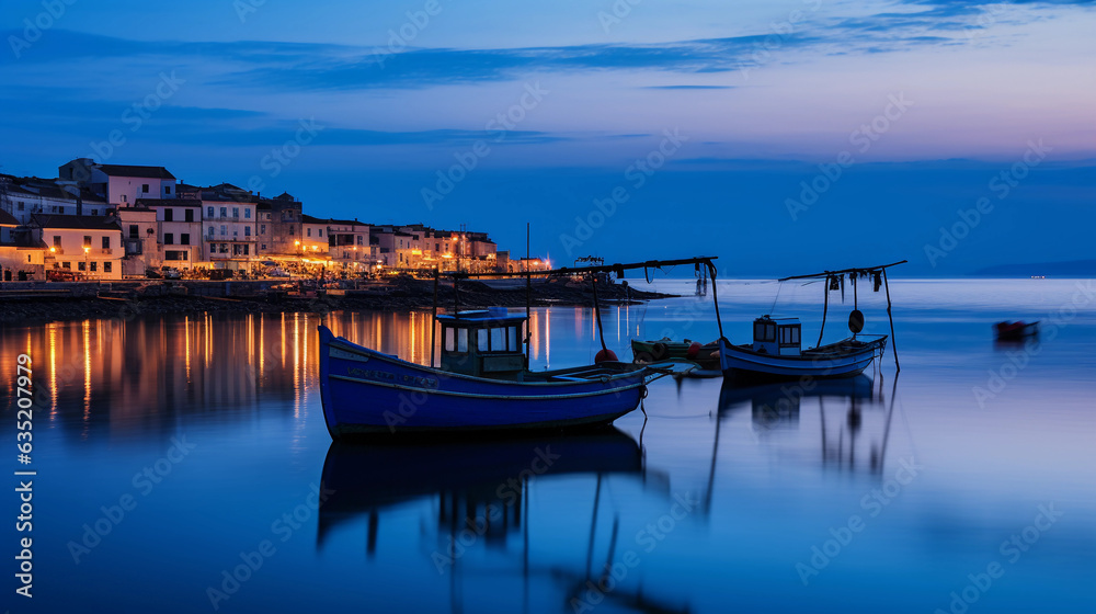 Seaside town at dusk, ambient glow from houses, silhouette of fishing boats, peaceful and calming