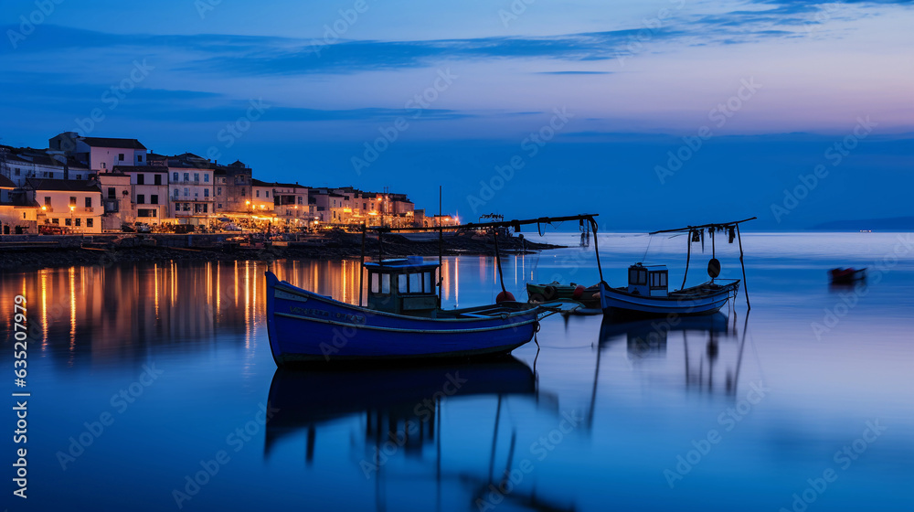 Seaside town at dusk, ambient glow from houses, silhouette of fishing boats, peaceful and calming Seaside town at dusk, ambient glow from houses, silhouette of fishing boats, peaceful and calming