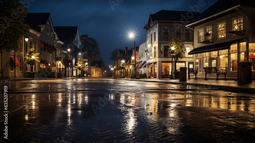 quiet charm of a small town square at night, softly lit buildings, a gentle rain, puddle reflections