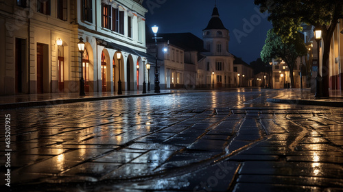 quiet charm of a small town square at night, softly lit buildings, a gentle rain, puddle reflections