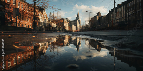 Reflections of the city: A cityscape mirrored in a still puddle, distorted reality, poetic representation of urban life