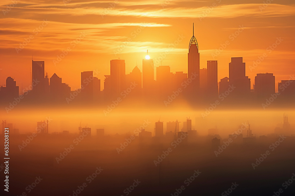 Urban jungle sunrise: City skyline at dawn, skyscrapers bathed in golden light, soft mist over the city, ethereal feel