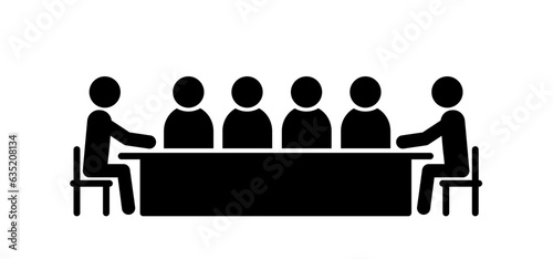 Cartoon stickman, stick figure. the people are talking at the table, or to work. School or kitchen table. Workman talk to boss. Business lunch, meeting, communication negotiating.