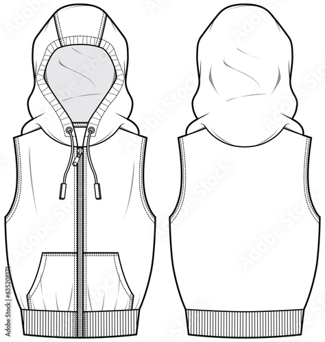Sleeveless Hoodie jacket design flat sketch Illustration, Hooded sweater jacket with front and back view drawing, winter jacket for Men and women. for hiker, outerwear and workout in winter