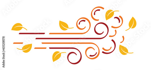 Cartoon autumn. Leaves, spring time. Puff of wind blow line symbol. leaf, blowing wind, weather, environment. Gust pictogram. Wind trails. Dust spray and wind blowing trails. Windy weather, forecast. 