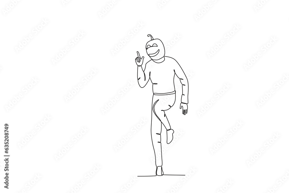 A happy man wearing a Halloween costume. Halloween one-line drawing