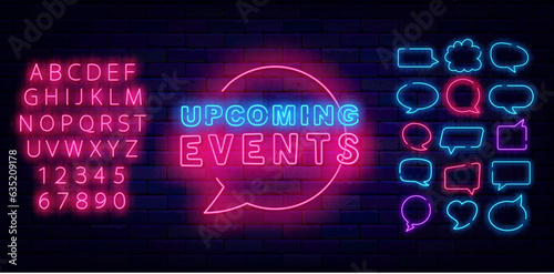 Upcoming events neon signboard. Party, show and shopping. Speech bubbles frames set. Vector stock illustration