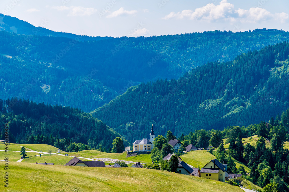 A view towards the alpine village of Kranjska above lake Bohinj in Slovenia in summertime
