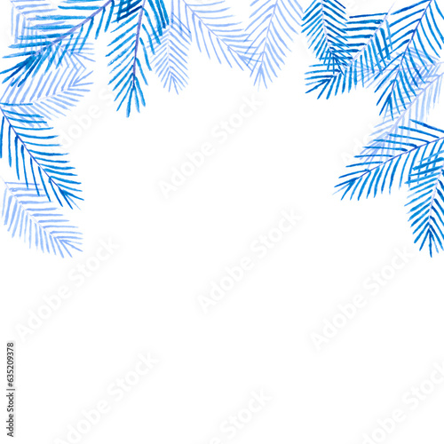 Watercolor frame mock up with frost blue colored fir conferious christmas tree branches twigs isolated on white background with copy space.Decoration for christmas new year xmas party.Square © Sunny_Smile