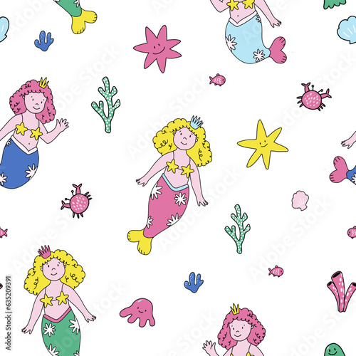 Beautiful vector seamless pattern with cute hand drawn mermaids and sea life.