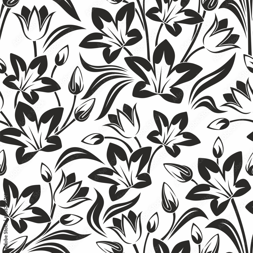 Seamless floral pattern with flowers. Vector black and white floral print