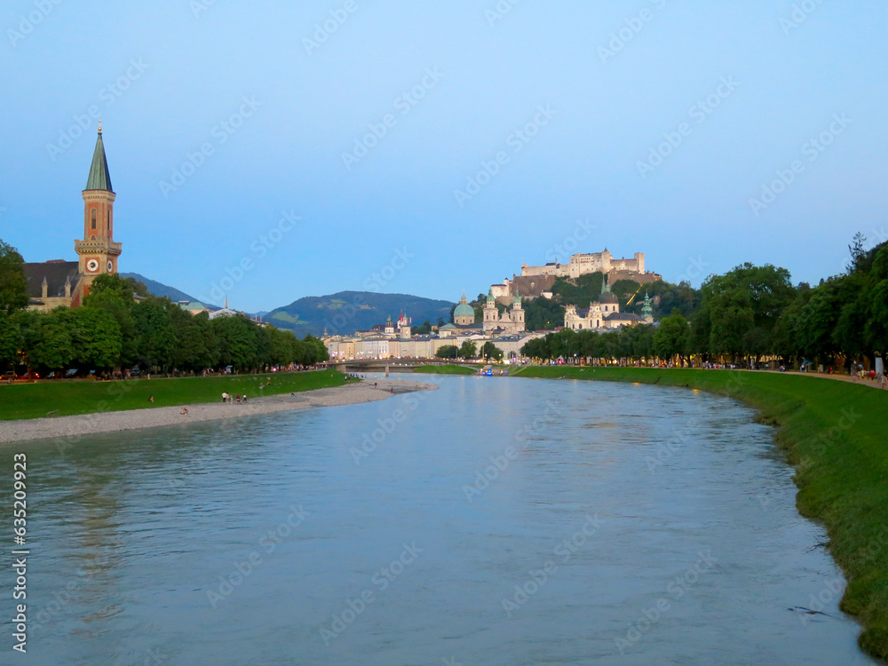 Landscape of Salzach river, Salzburg Cathedral, Kollegien Church