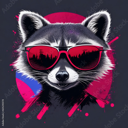 Cool raccoon illustration t-shirt design wearing glasses with vector style. Generative AI