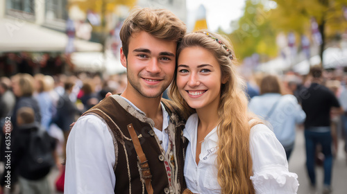 Young German couple wearing traditional clothes at October Fest parade in Germany © Natalia