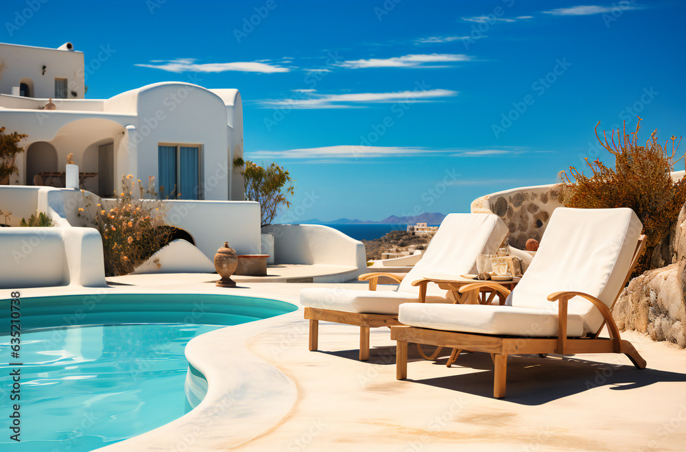 Obraz premium two lounge chairs next to outdoor swimming pool