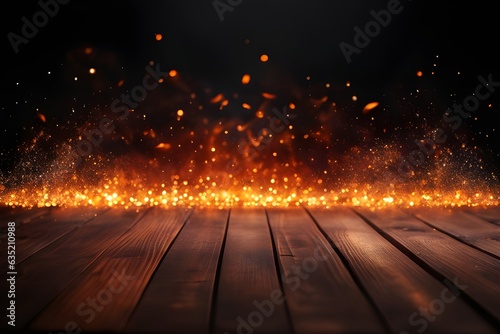 Artwork - Side view of an empty wooden table with orange fire or flames and sparkles on a dark background