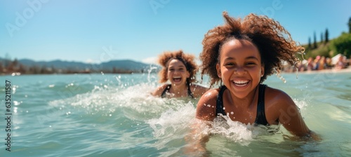 Portrait of two smiling girl having fun on beach on summer