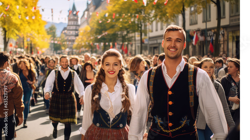 Young German couple wearing traditional clothes at October Fest parade in Germany © Natalia