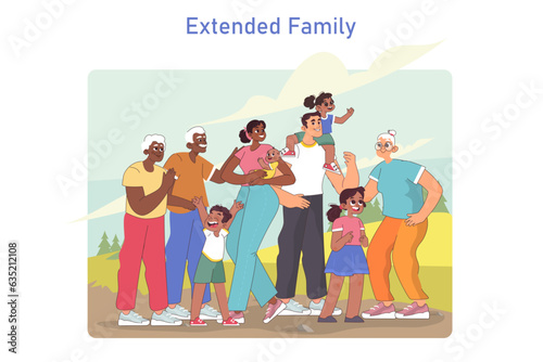 Big intergenerational family. Grandparents, mother, father and kids together.