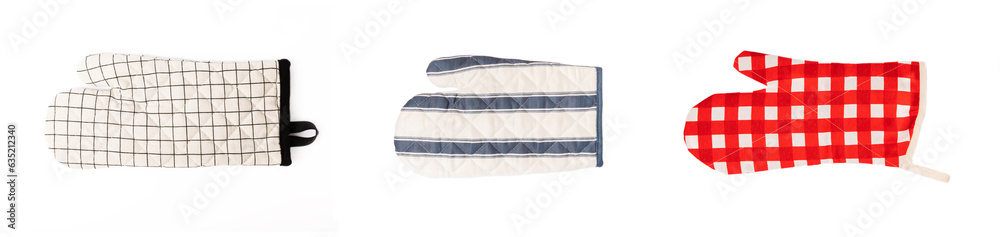 Obraz premium Wooden kitchen utensils, cutting board, potholder and glove isolated on white background. Kitchen Mitten and protective oven mitts on the table. Kitchenware. Kitchen accessories.Close-up.top view.