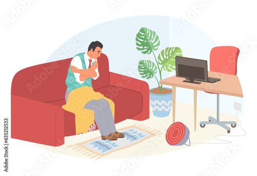 Employee male worker trying to keep warm in unheated office