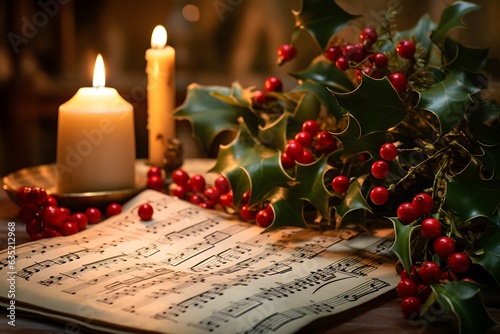 A beautiful music sheet is on a Church table with mistletoe and lit candles before a Christmas carol service takes place. photo