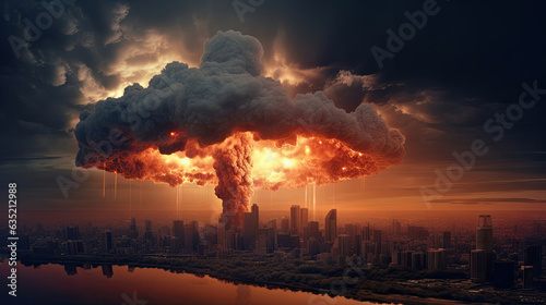 Huge natural disaster or nuclear explosion mushroom cloud effect over city skyline for apocalyptical aftermath of nuclear attach or the use of mass destruction weapons