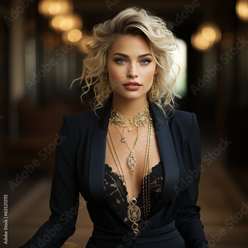 A cheeky woman in leather, a gothic business style for an imperious character. Lady in jewelry, black clothes on a slender girl. Straight open look into the camera, dangerous woman