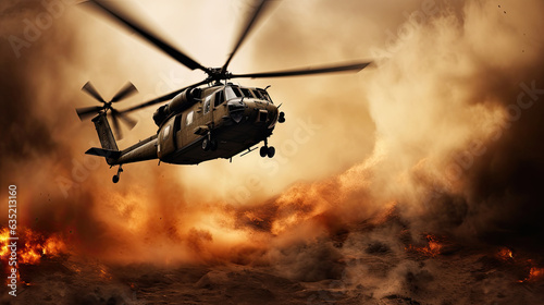 Fotografia Military chopper crosses crosses fire and smoke in the desert