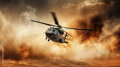Military chopper crosses crosses fire and smoke in the desert