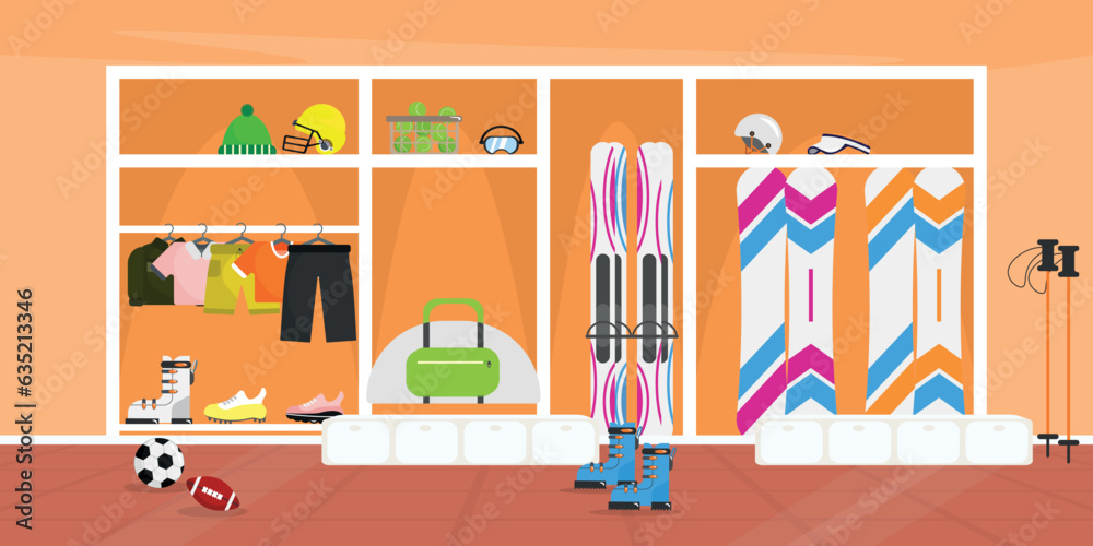 Vector illustration of a room with sports equipment. Cartoon scene with a closet with sports equipment: different types of balls, clothes, shoes, helmet, tennis balls, suitcase, skis, snowboard.