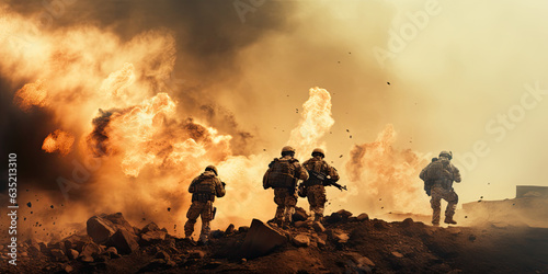 Military special forces soldiers crosses destroyed war zone through fire and smoke in the desert