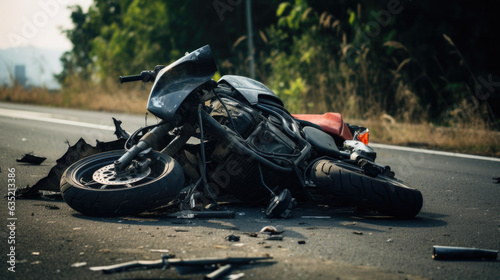 Motorcycle damaged after an accident on the highway
