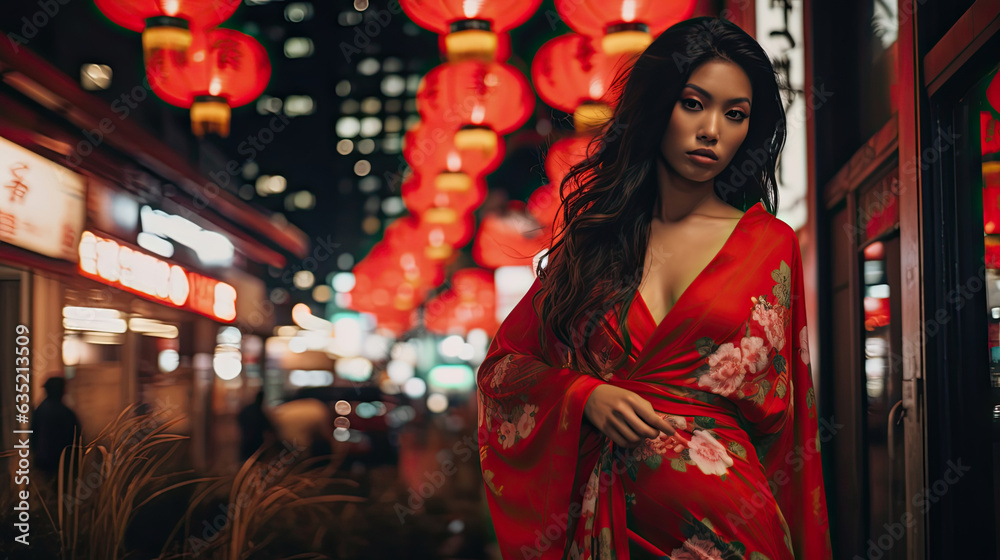 Asian woman in red kimono at night in the City
