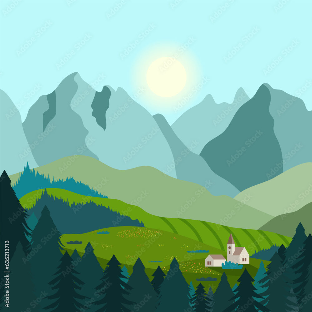 Landscape view of the mountain hills among the fields and forests. Vector flat illustration of mountains panorama. Travel, hiking and outdoor concept adventure.