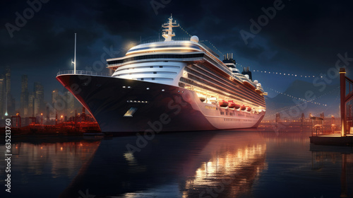 Cruise ship at night time blue lighting  ship at sea sailing in the water  travelling with people on a cruise