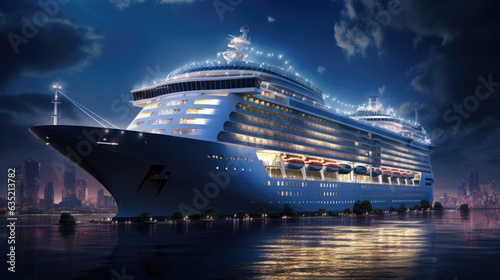 Cruise ship at night time blue lighting, ship at sea sailing in the water, travelling with people on a cruise © Sasint